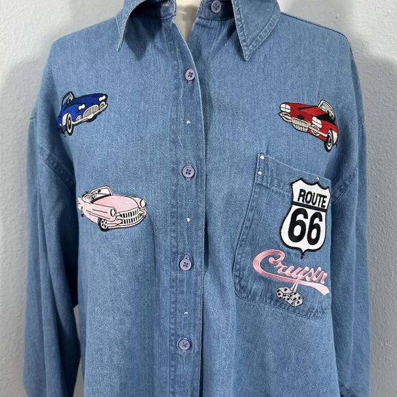 Vtg Get Lucky Denim Shirt Womens L Blue Convertible Car Embroidered Rockabilly - Picture 2 of 9